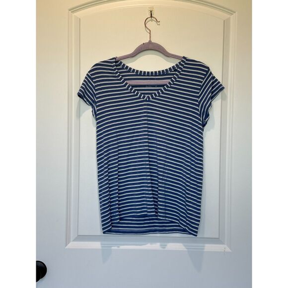 Columbia V-Neck Blue White Striped Cap Sleeve T-Shirt Size Small - Picture 1 of 7